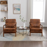 Modern Accent Chair Set of 2 Living Room- Comfy Solid Wood Arm Chair with Lumber Pillow Lounge Decorative Brown Leather Office Side Chair Bedroom Reading Nook Sillas De Sala Microfiber