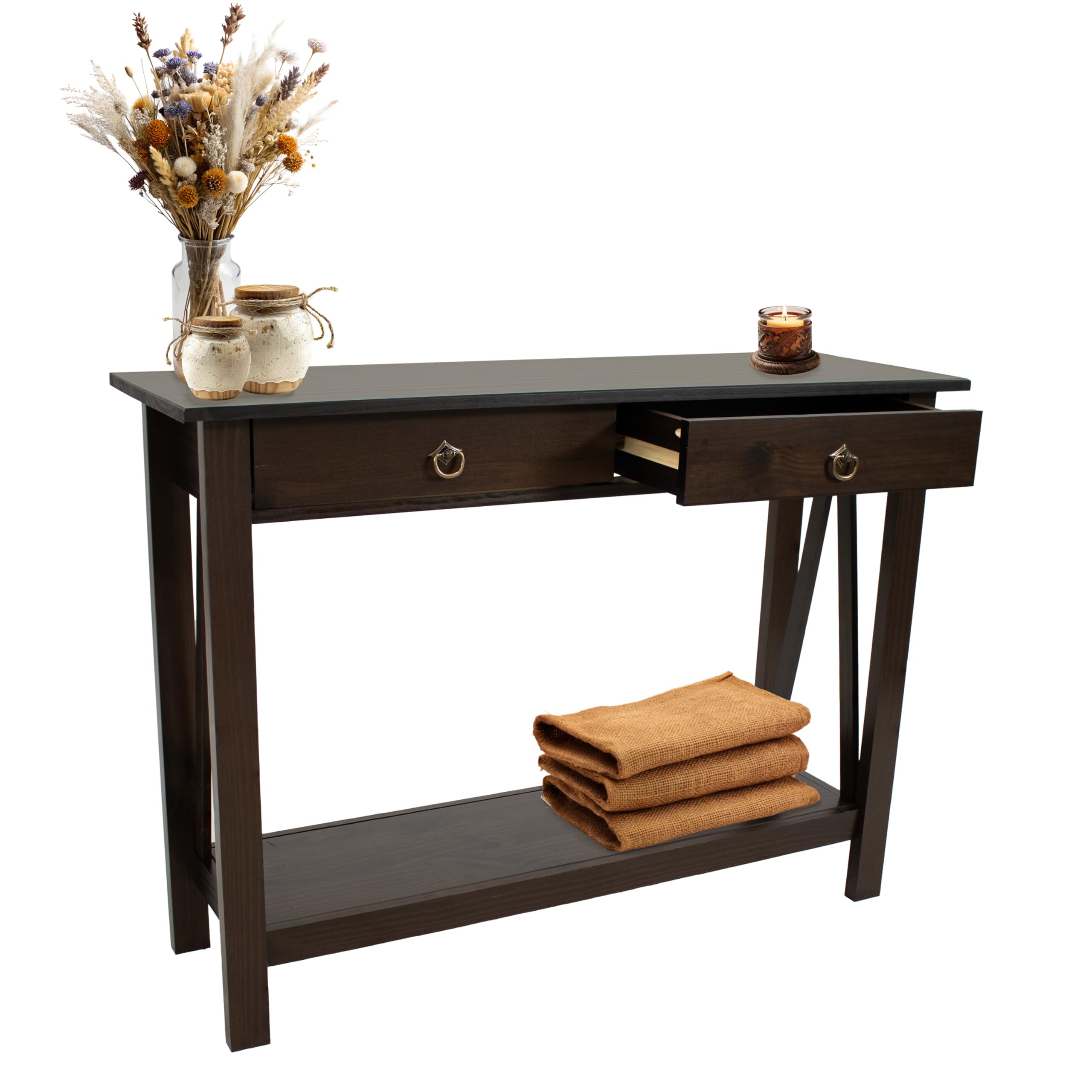 Sunnydaze Console Table for Entryway with Drawers - 31" H Solid Pine Sofa Table with Shelf for Living Room - Dark Brown
