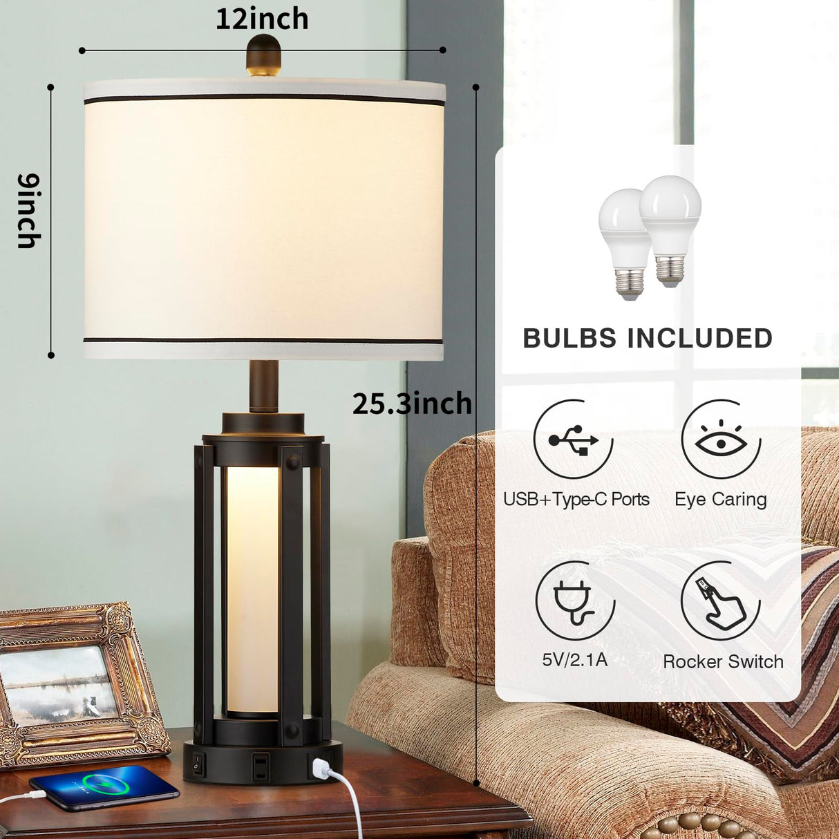 Modern Table Lamps for Living Room, Industrial Beside Lamps with USB A+C Charging Ports & AC Outlet, Rustic Nightstand Lamp with Glass Night Light for Bedroom End Table Entryway Black(4 Bulb Included)