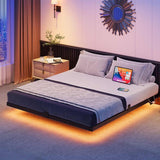 Queen Size Floating Bed Frame with RGB LED Lights and Built-in Charging Ports