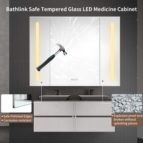 Bathlink Medicine Cabinet Mirror, 36 × 31.5 Inch Lighted Medicine Cabinets with Storage for Bathroom 3 Doors Wall Mounted Defogger 3-Color Lights Dimmer LED Waterproof Tempered Glass