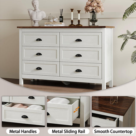 White Dresser for Bedroom, Modern 6 Drawer Double Dresser for Bedroom with Vintage