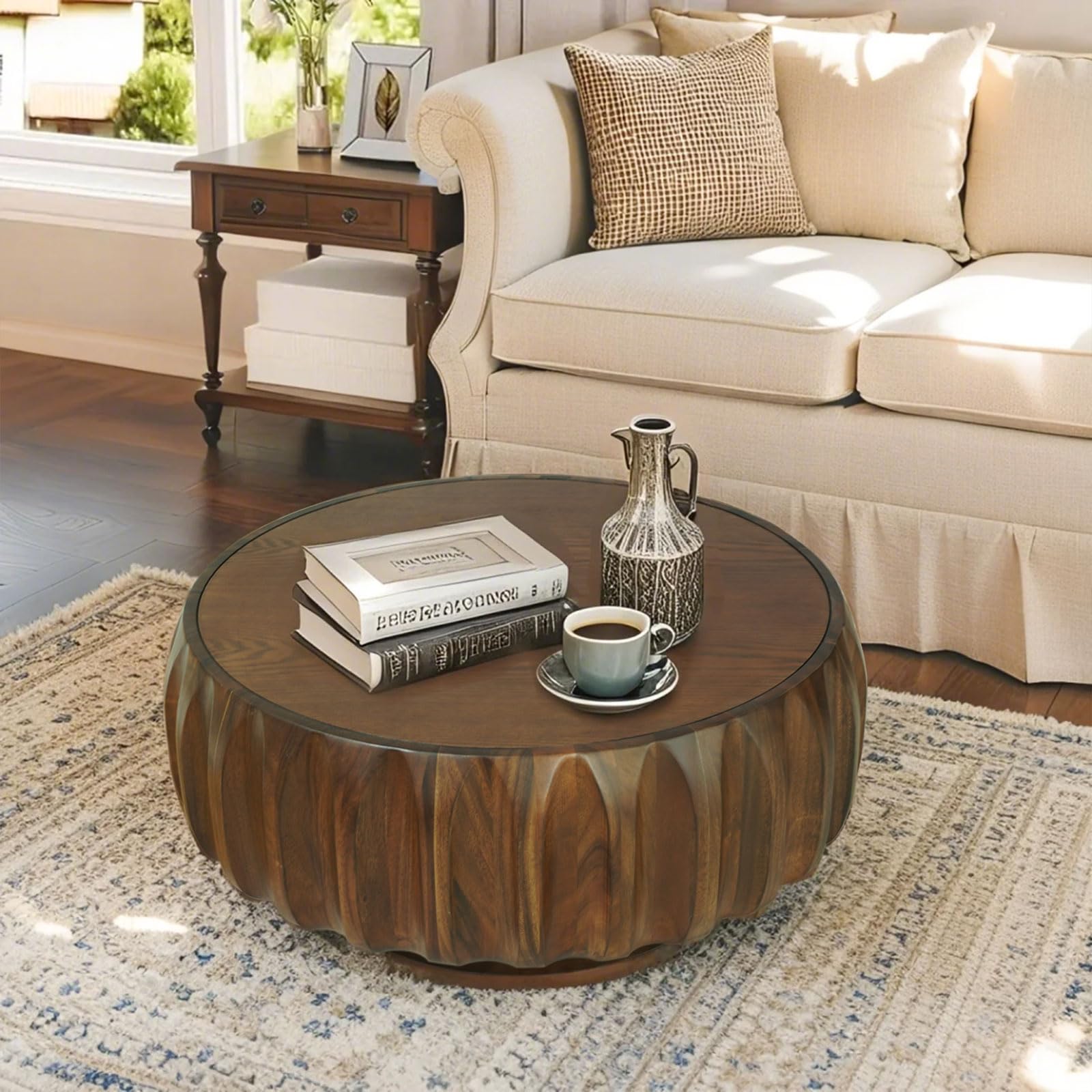 31.5'' Walnut Round Coffee Table, Drum Coffee Table Contemporary Wood Round