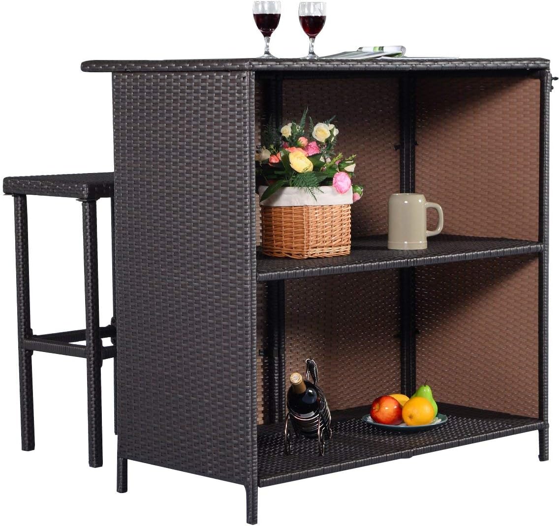 Outdoor Bar Rattan Set 3-Piece Wicker Bar Stools & Table with 2 Storage Shelves
