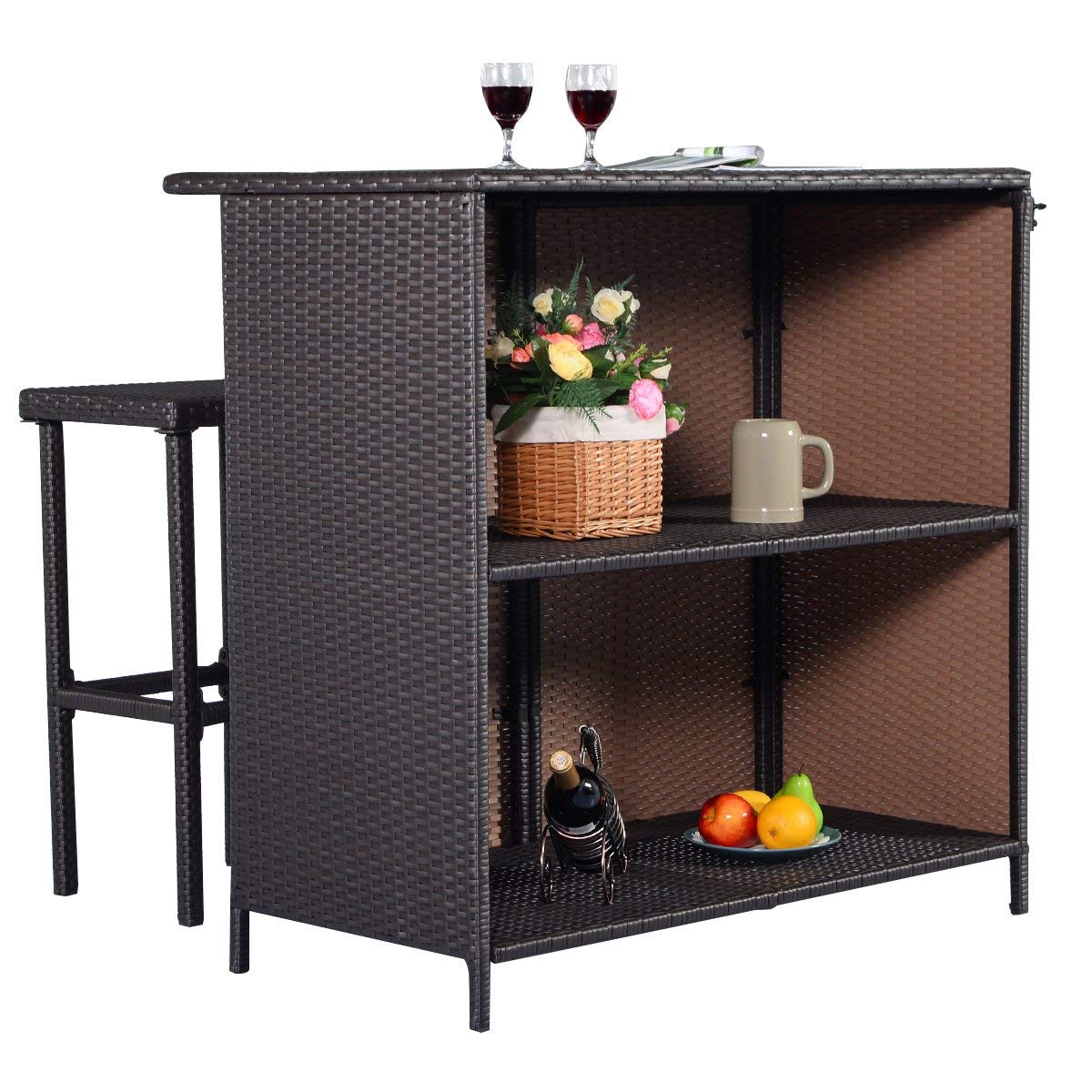 Outdoor Bar Rattan Set 3-Piece Wicker Bar Stools & Table with 2 Storage Shelves