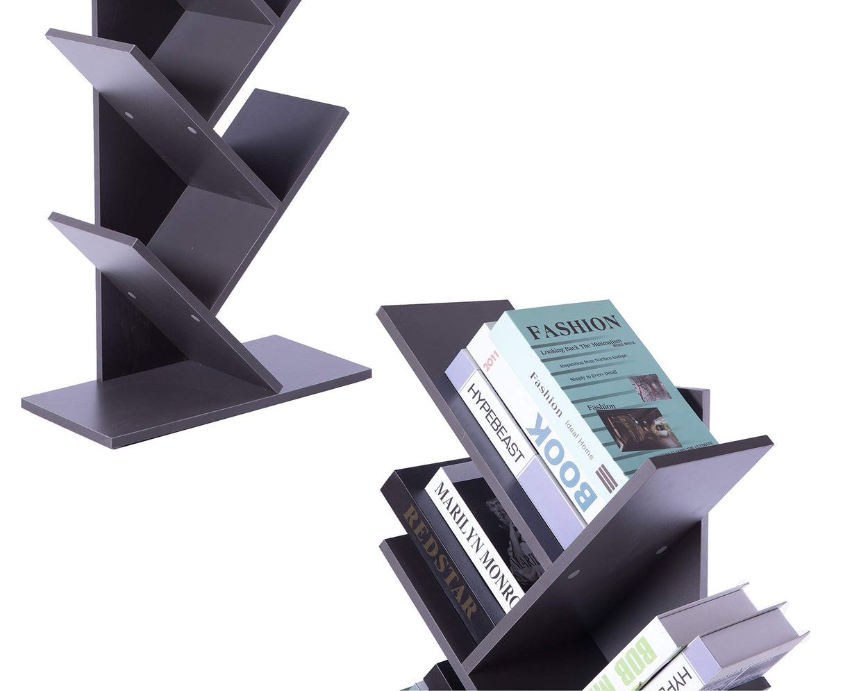 Basicwise Wooden 9-Shelf Tree Magazine CD Storage Bookcase, Gray