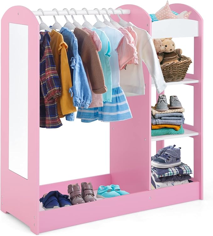 Kids Dress up Storage with Mirror, Clothes Rack, 3-Tier Shelves, Bottom Tray