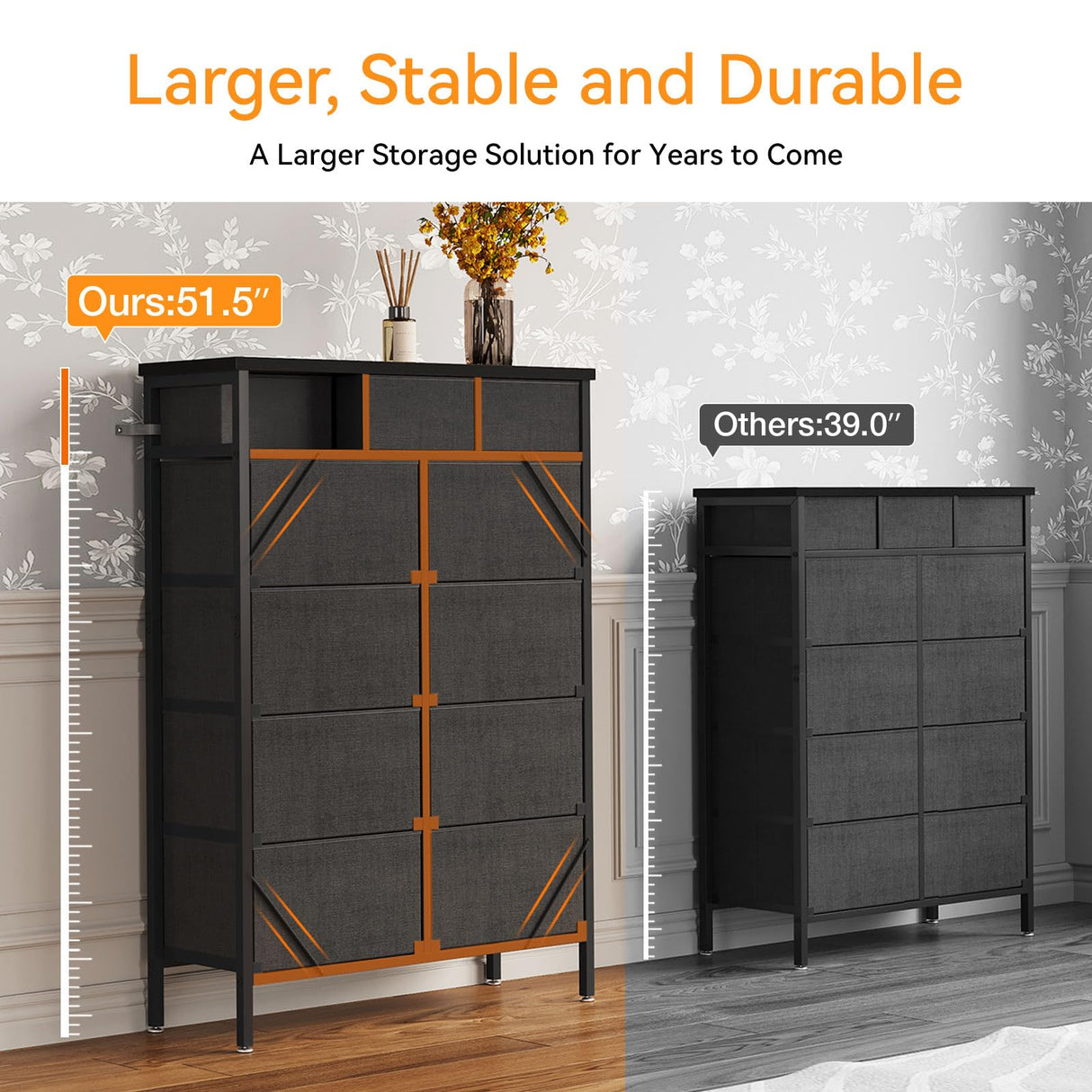 Dresser with Charging Station, 52-Inch Tall Dresser for Bedroom