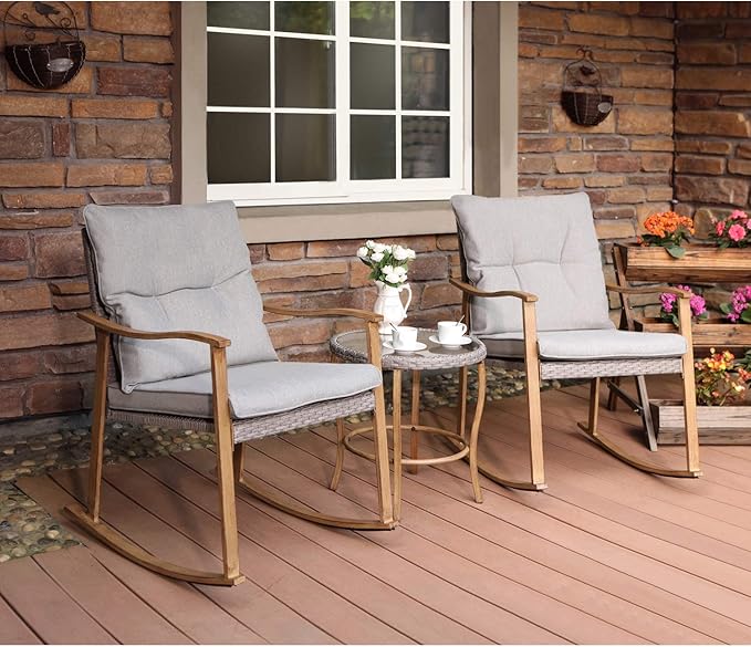 3 Piece Bistro Set Patio Rocking Chairs Outdoor Furniture w Warm Gray Cushions