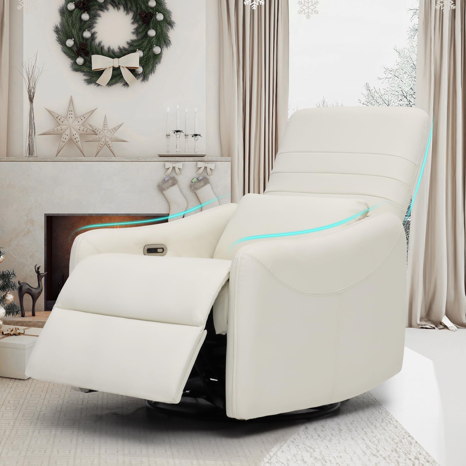Power Glider Swivel Rocker Recliner Chair for Adults Nursery, 270° Oversized Rotating Rocking Reclining Chair w/USB & Type-C Charging Port Single Sofa for Living Room,Bedroom,White