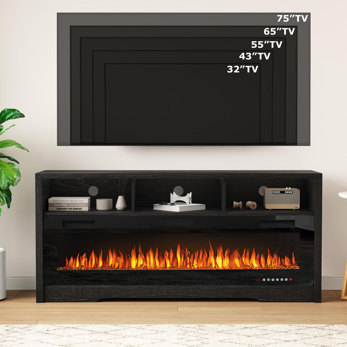 Fireplace TV Stand for TVs Up to 75" TV with 60" Electric Fireplace,Entertainment Center