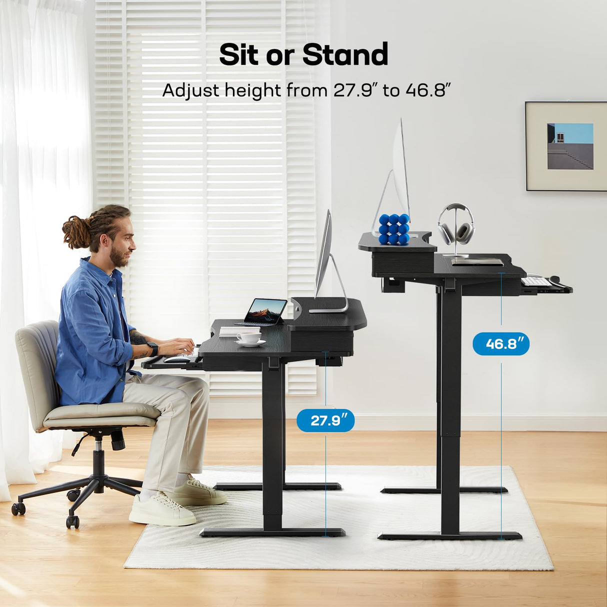 HUANUO 48" x 26" Electric Standing Desk with 2 Drawers & 26.7" Large Keyboard Tray, C-Clamp Mount Compatible, Adjustable Computer Desk for Home Office, Stand Up Desk with 4 Height Presets, Black