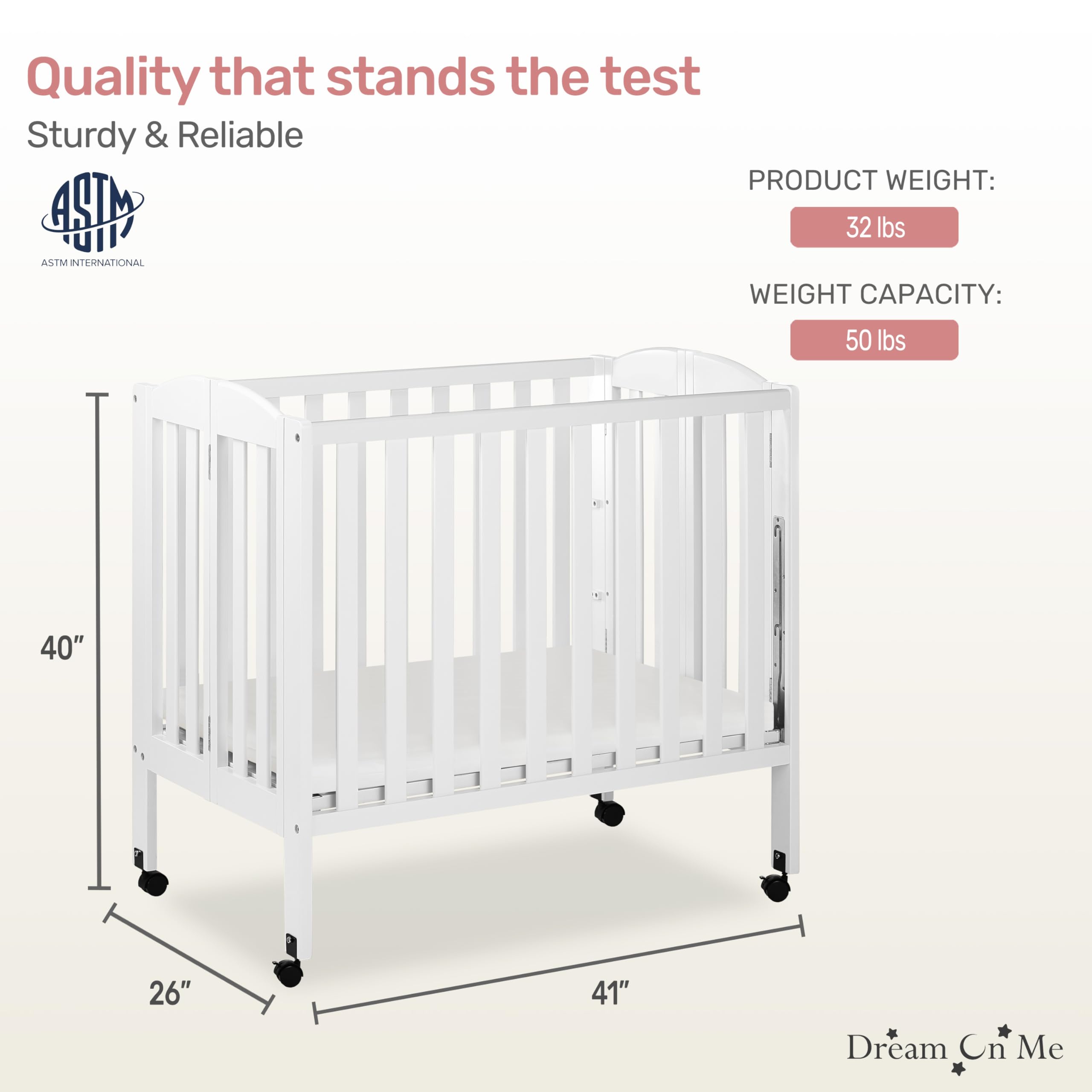 3 in 1 Portable Folding Stationary Side Crib in White, Greenguard Gold Certified, Safety Wheel with Locking Casters, Convertible, 3 Mattress Heights
