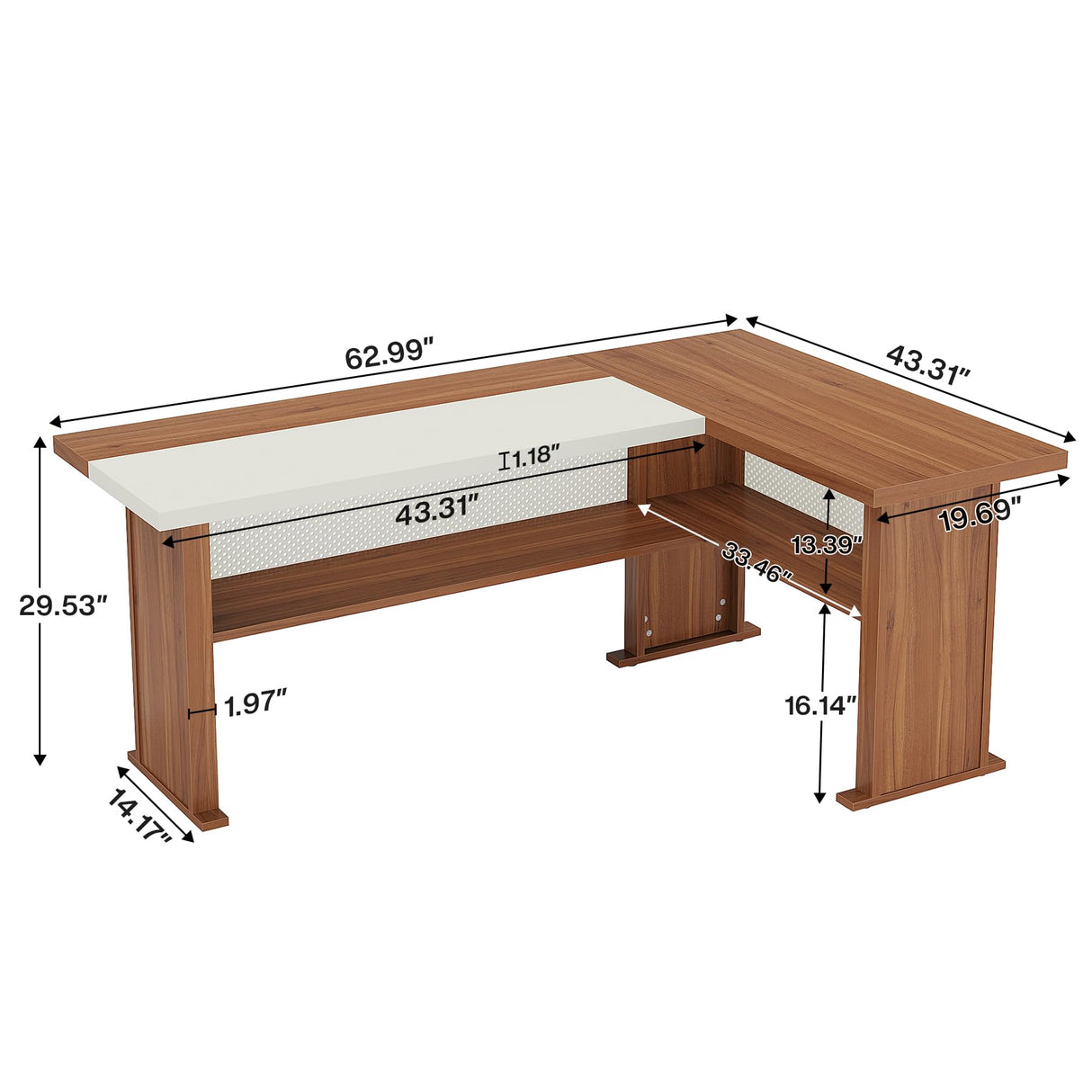 63" L-Shaped Executive Desk, Large Office Desk with Bottom Shelves