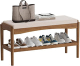 Shoe Bench Entryway Bamboo 2-Tier Shoe Rack with Cushion Padded Seat Shoe Bench