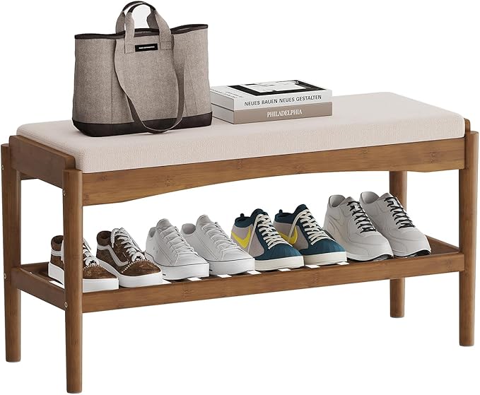 Shoe Bench Entryway Bamboo 2-Tier Shoe Rack with Cushion Padded Seat Shoe Bench Organizer