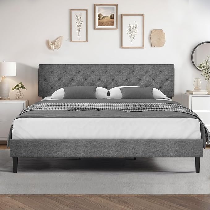 King Size Bed Frame and Headboard, Upholstered Bed Frame King Linen Fabric