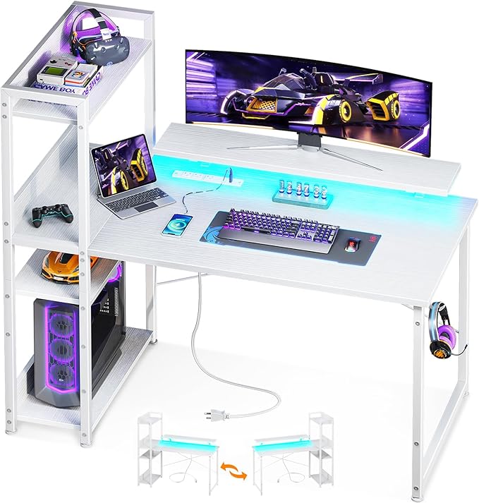 Reversible Gaming Desk with USB Charging Port and LED Lights