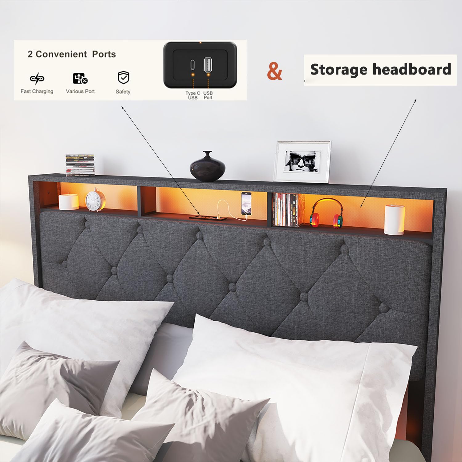 King Floating Bed Frame with LED Lights & USB Charging