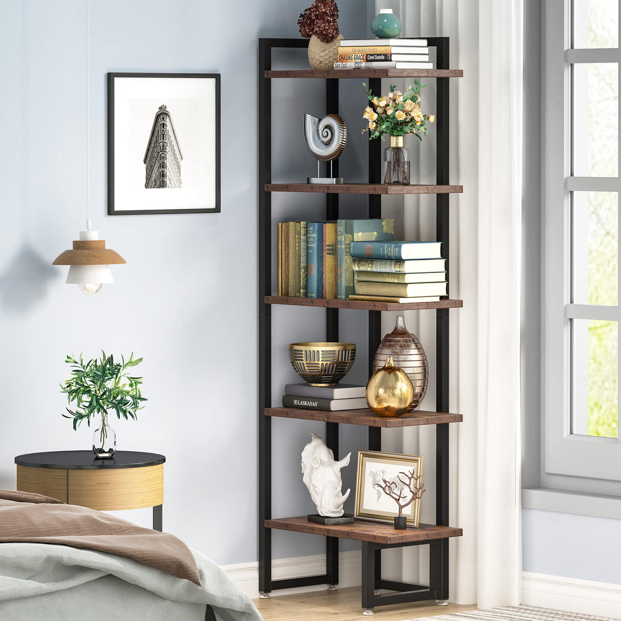 Industrial 5 Tier Wood Corner Shelf Stand with Rectangle Board, Corner Storage Rack Shelves