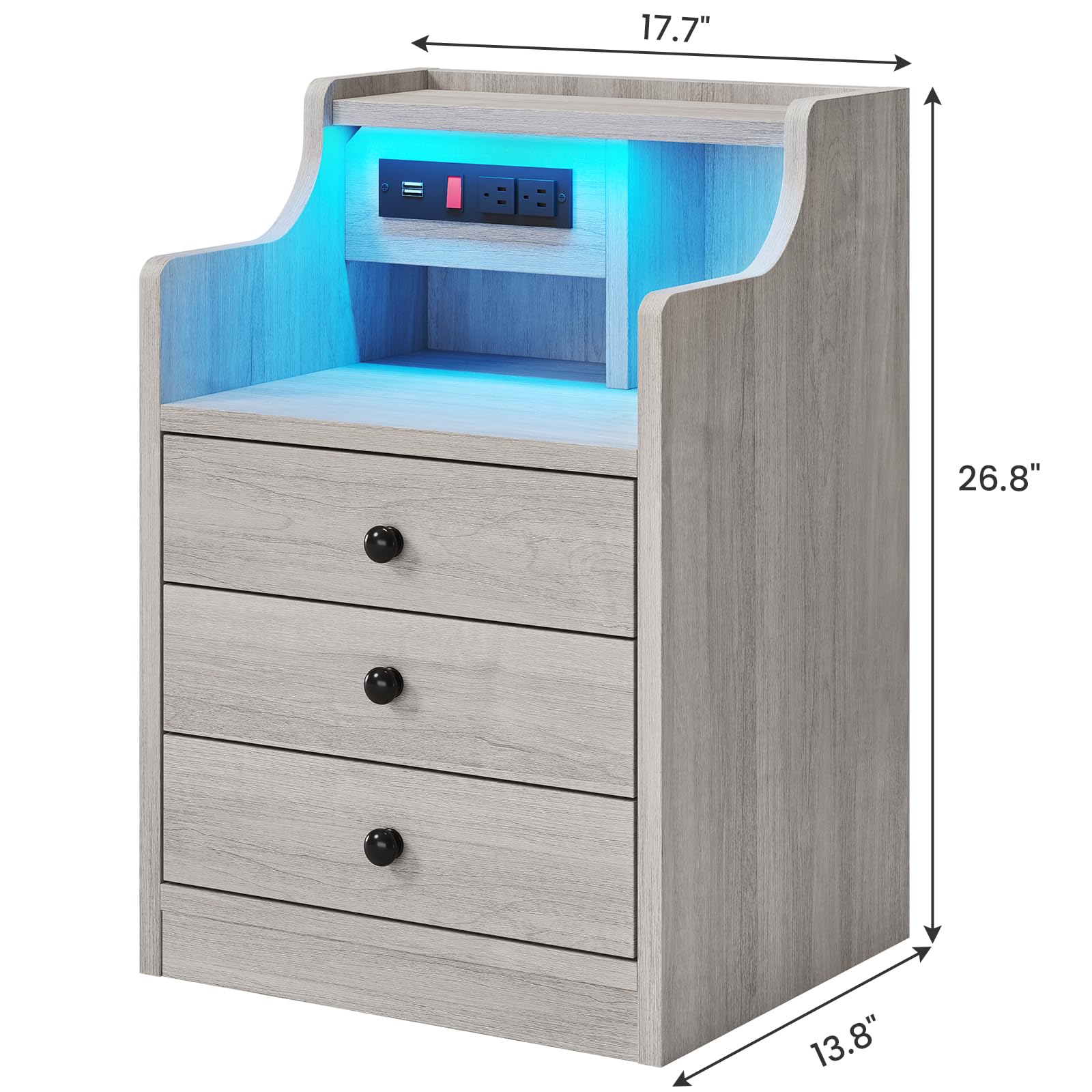 Grey Nightstand Set of 2,LED Nightstand with Charging Station