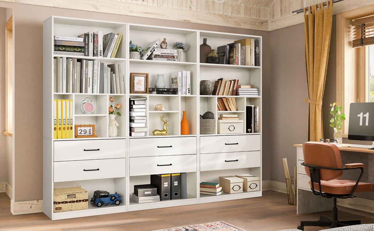 White Bookshelf, 71" Tall Bookcase with 2 Drawers, Wooden Bookcases 4-Tier Open Shelves