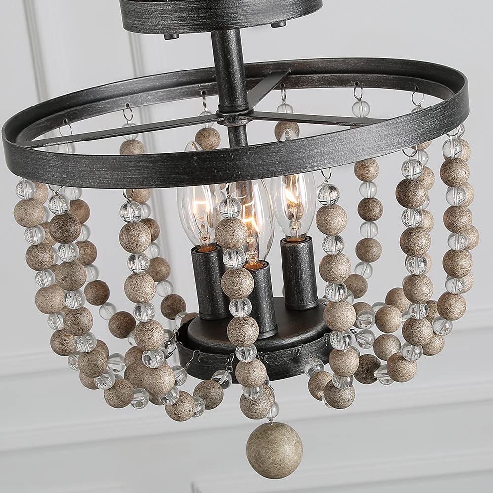 LALUZ Ceiling Light Fixture, 3-Light Bohemian Lighting for Entryway, Foyer, Distressed Wood Bead Chandelier, Dark Silver Brushed, 12 D” x 13.6” H