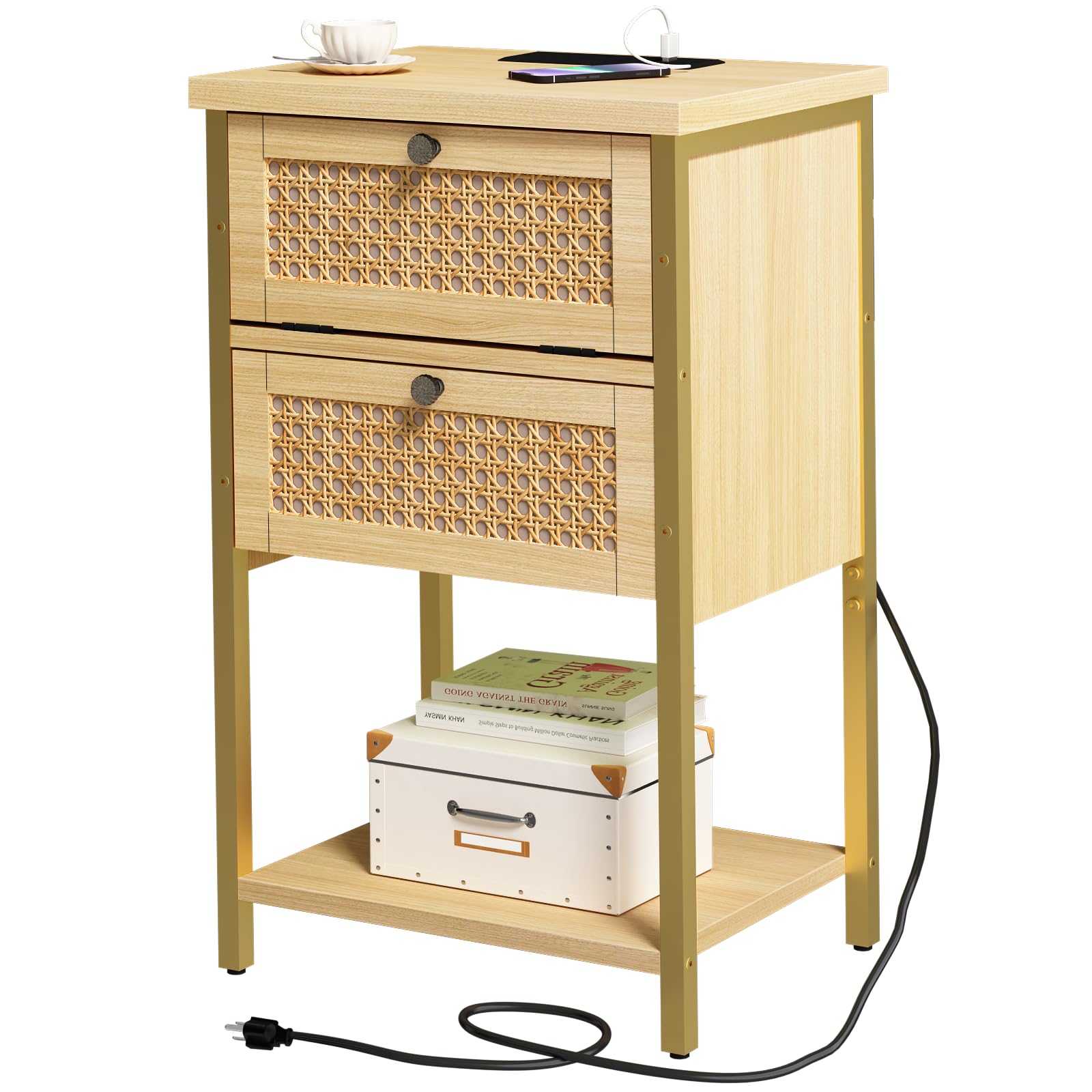End Table with Charging Station, 2 Tier Rattan Decorated Nightstand with USB Ports and Outlets, Bedside Table with Drawer, Modern Sofa Side Table for Bedroom, Living Room, Office, Wood Color
