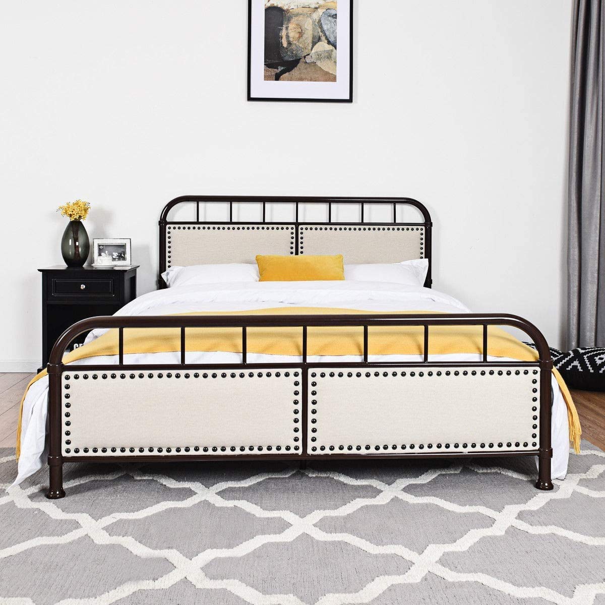 Queen Size Metal Bed Frame, Vintage Metal Platform Bed with Button Tufted Headboard