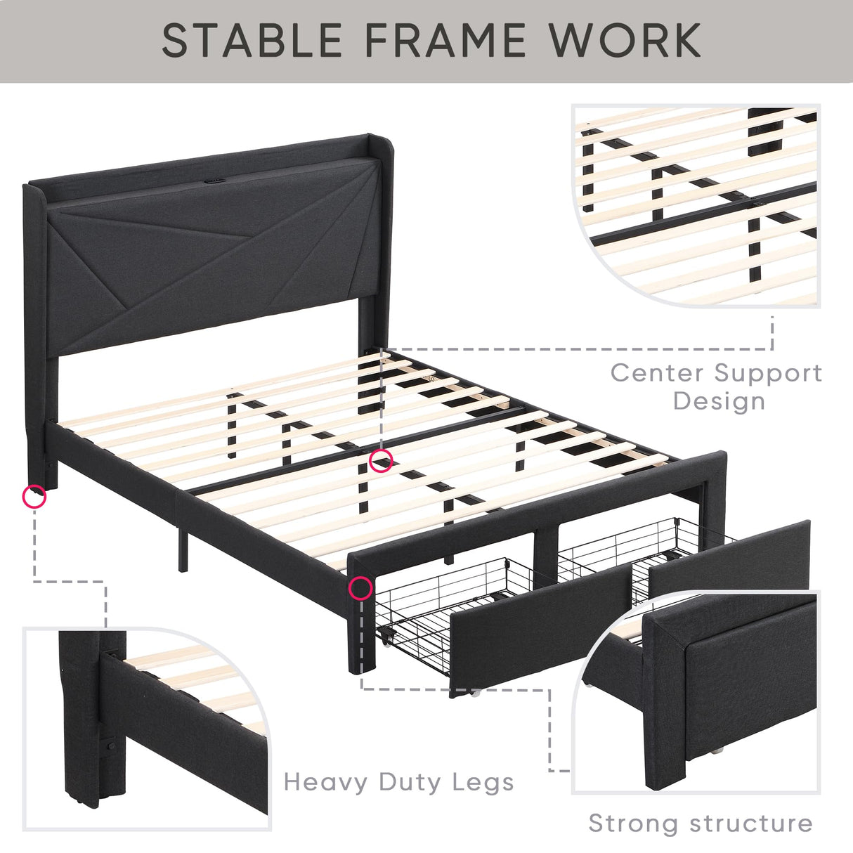 Full Size Bed Frame with 2 Storage Drawers, Upholstered Platform Bed Frame Full w/Wingback Headboard,