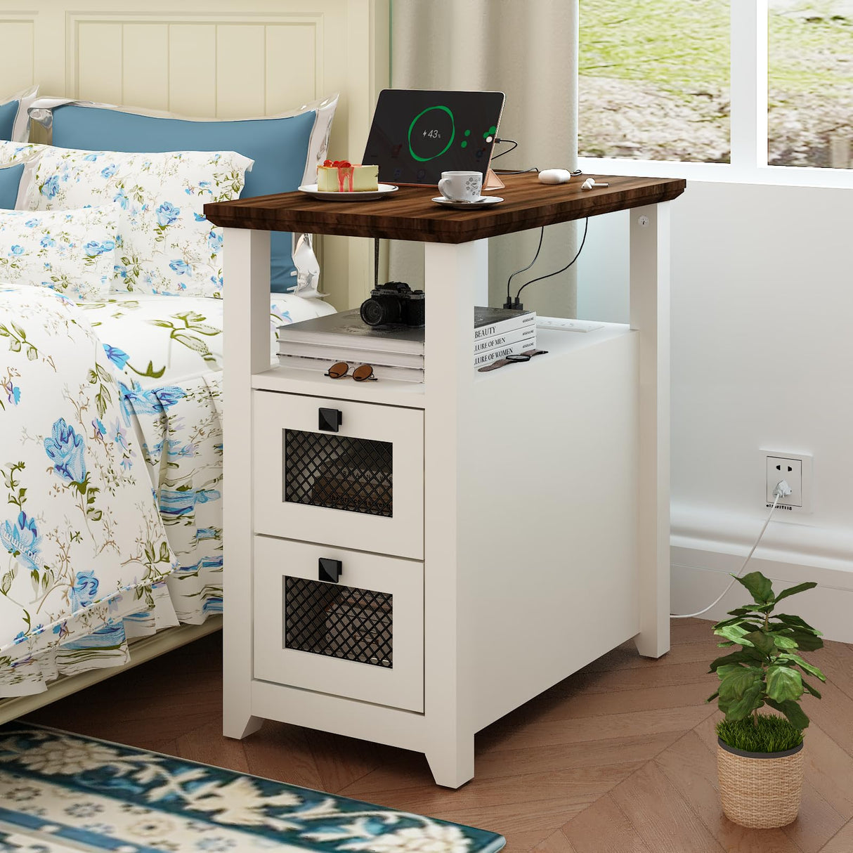 Farmhouse XXL End Table with Charging Station, Narrow Side Table