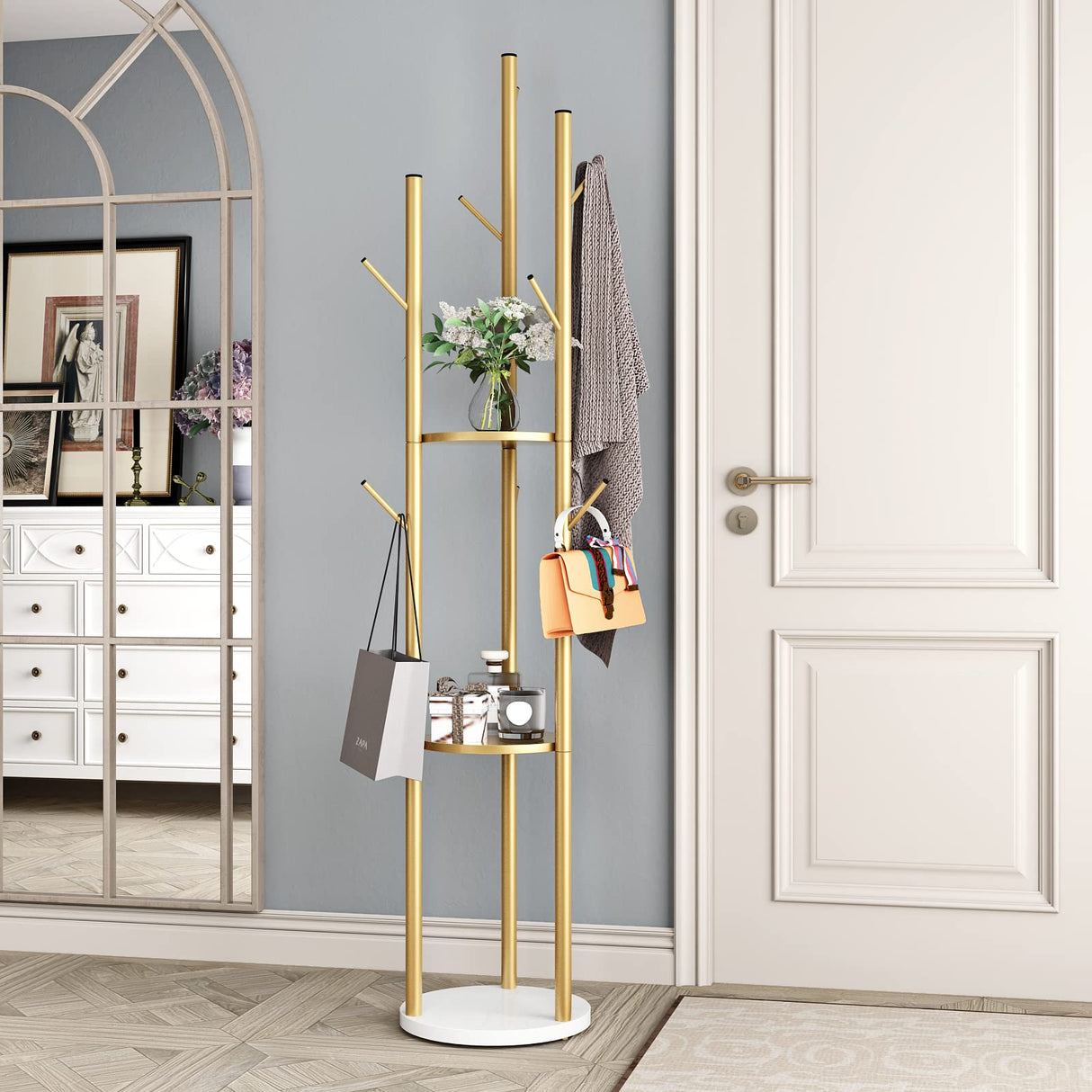 Metal Gold Coat Racks Freestanding, Coat Hanger Stand, Hall Tree Coat Rack