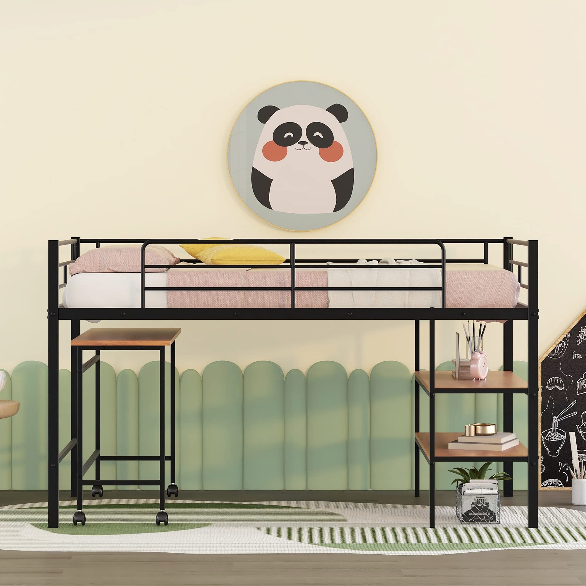 Twin Size Loft Bed with Desk and Storage Shelves,Metal Twin Size Bed with Rolling Portable Desk, Low Loft Bed with Full-Length Guardrail for Kids Boys Girls Teens(Black)