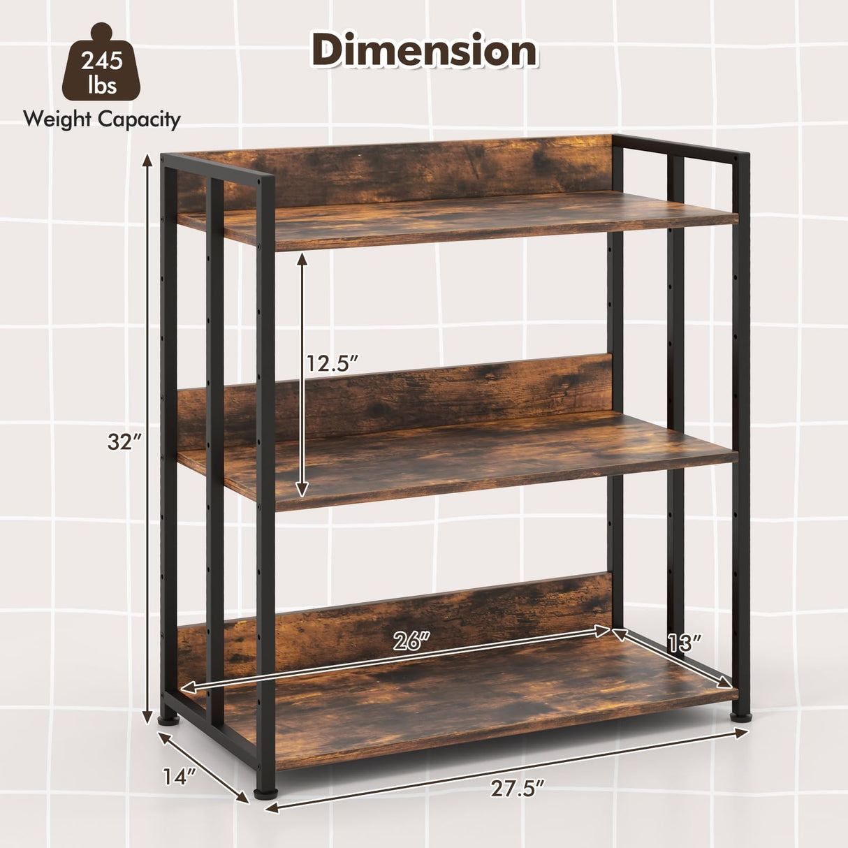 Industrial 3-Tier Bookshelf, Freestanding Bookcase with Adjustable Shelves