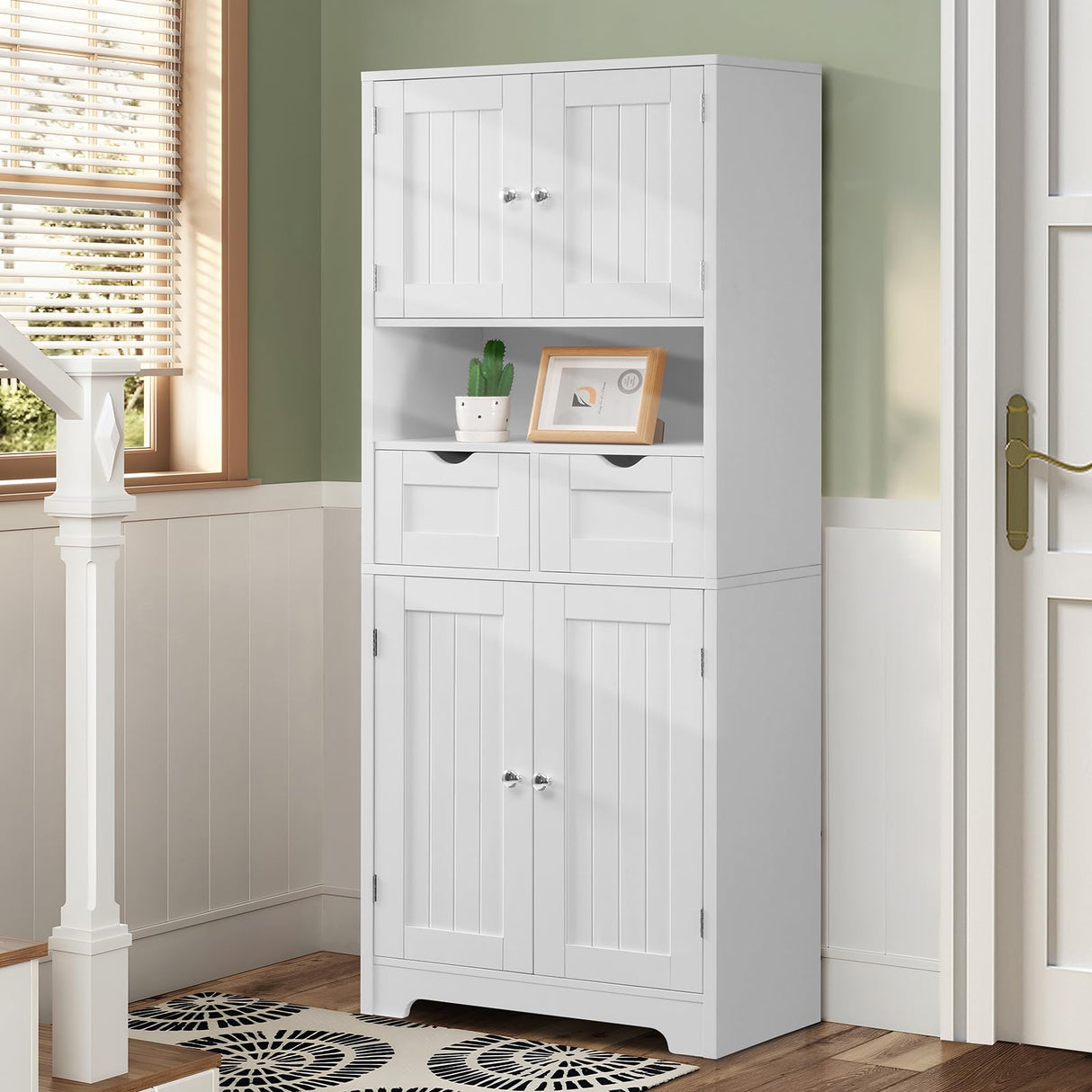 Tall Storage Cabinet, Bathroom Cabinet with Adjustblae Shelves & 2 Drawers, Bathroom