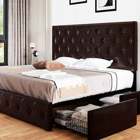 Upholstered Queen Size Platform Bed Frame with 4 Storage Drawers