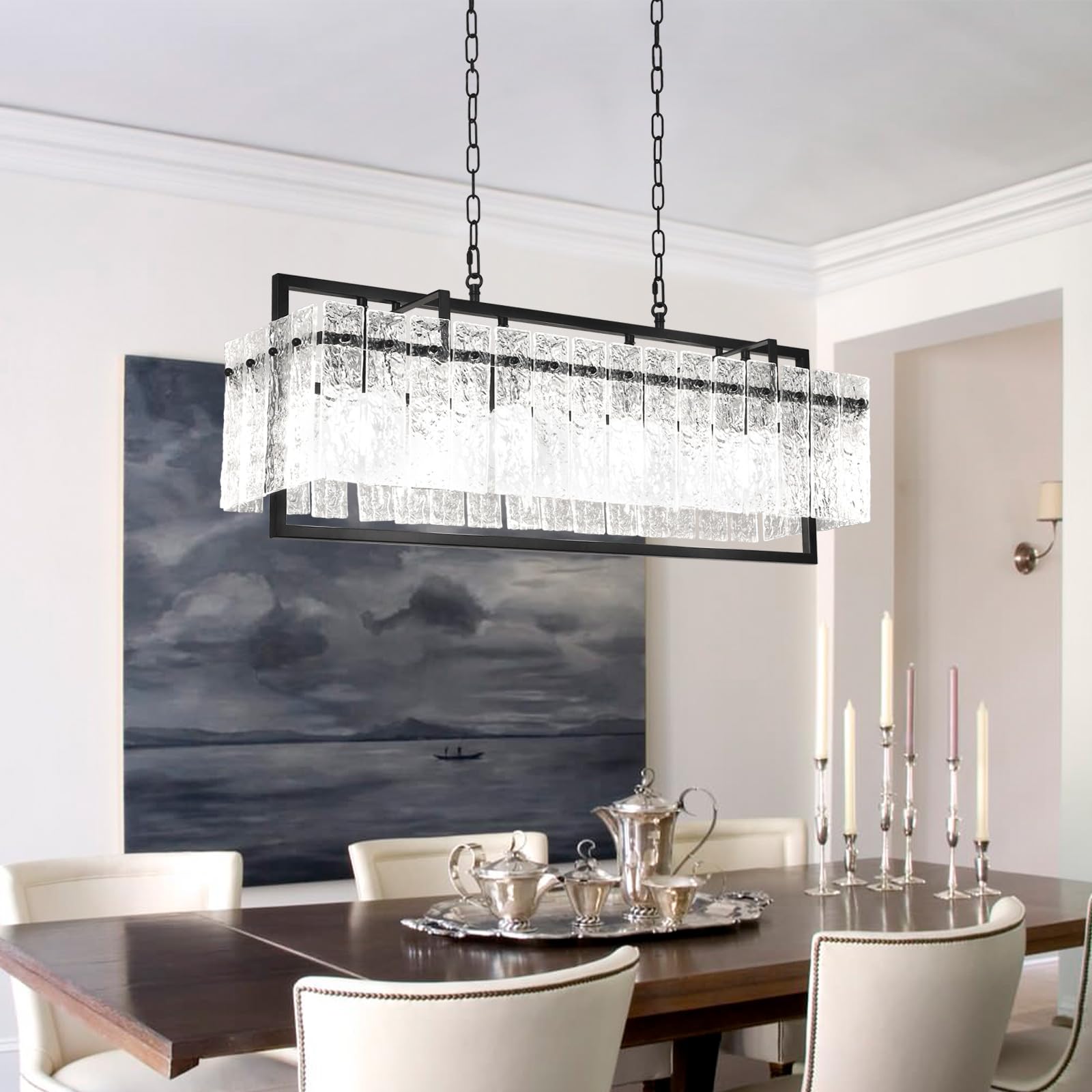 Modern Rectangular Crystal Chandelier, 4-Light Black Linear Farmhouse Lighting, 34”