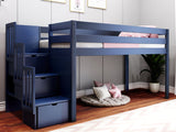 Contemporary Low Loft Twin Bed with a 3 Drawer Stairway, Blue