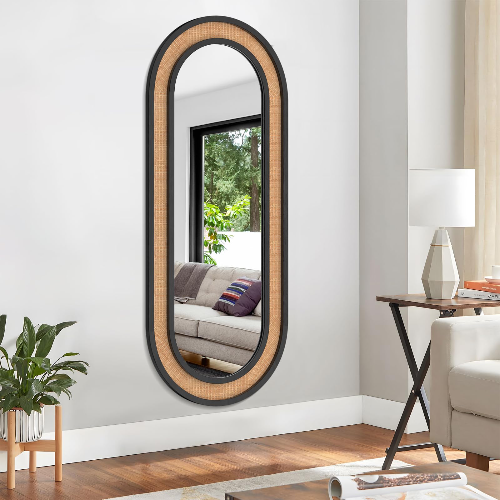 Rattan Full Length Mirror 60x24 - Black Oval Floor Mirror