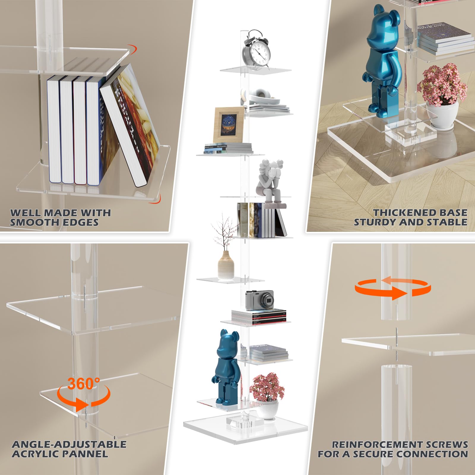 9 Tier Acrylic Bookshelf Invisible Bookshelf, Height Adjustable Vertical Spine Book Tower, Floor Standing Bookcase Display Shelf for Books,Decor, DIY Open Bookcase for Living Room, Office