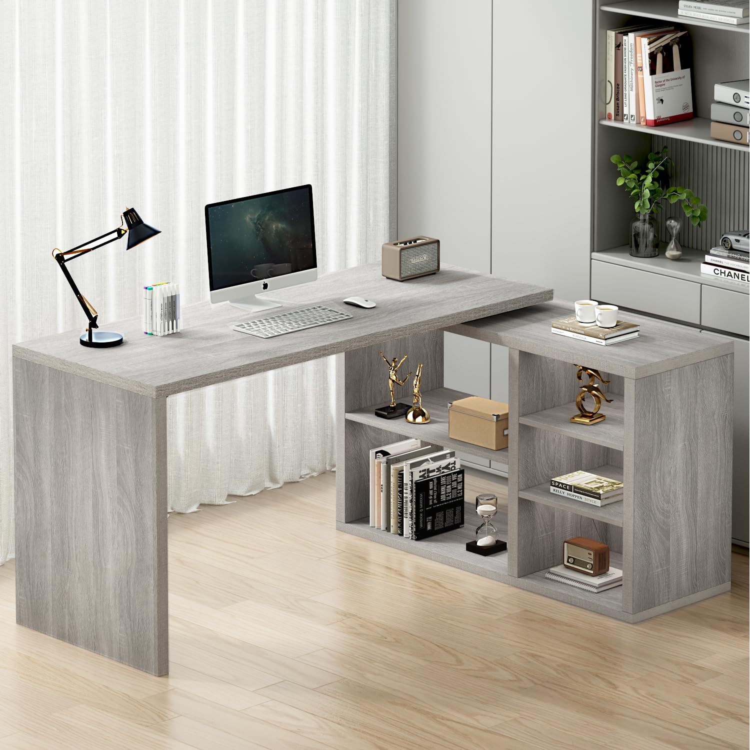 Gray L Shaped Corner Desk with Storage Shelves, Reversible L Shape Computer Desk