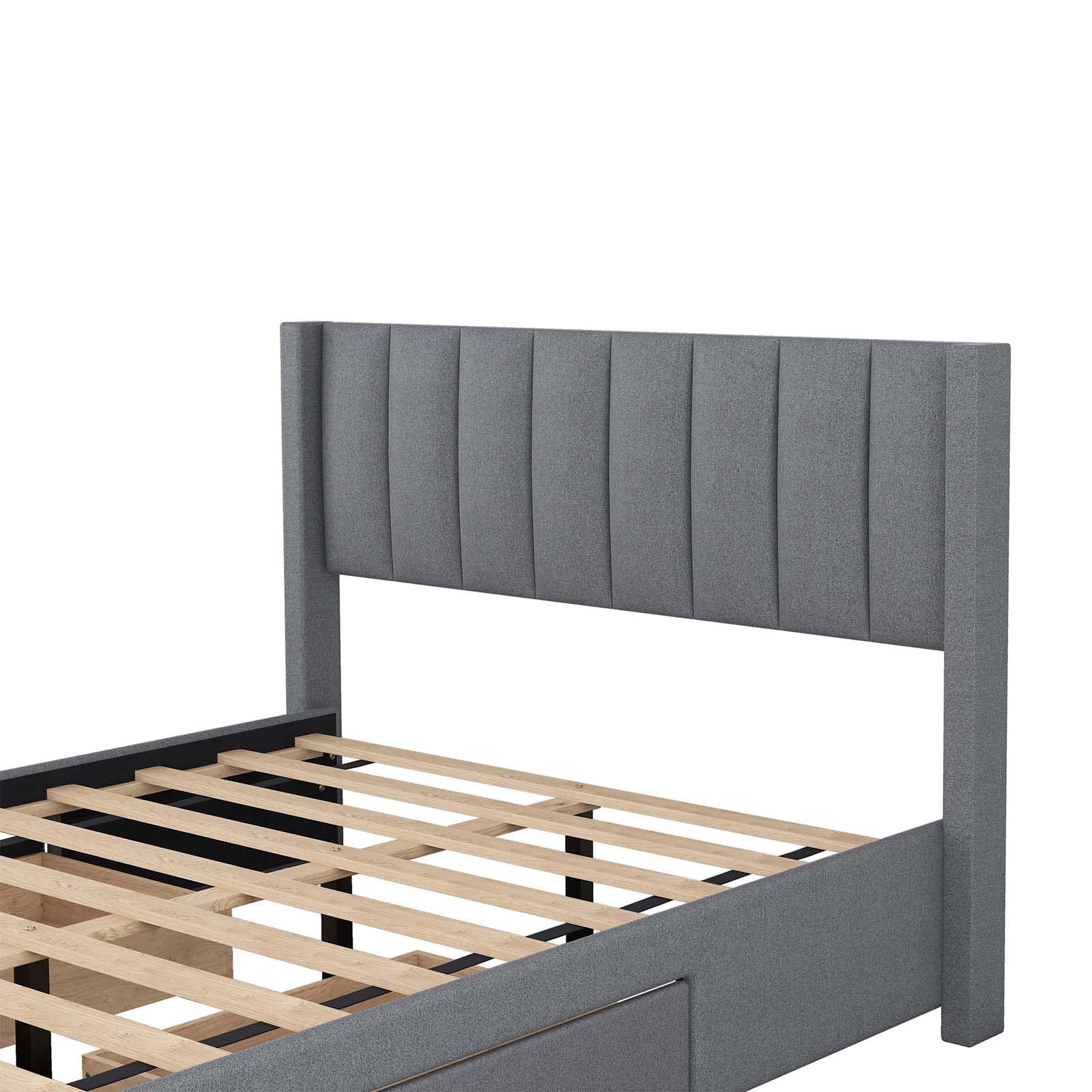 Upholstered Platform Bed with a Large Drawer in Footboard and 2 Drawer on Side,