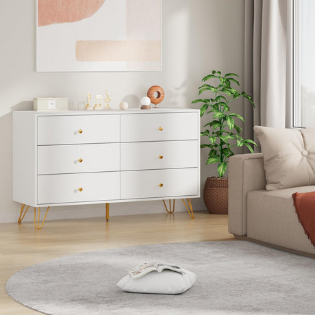 White Dresser for Bedroom, 6 Drawer Dresser with Wide Drawers and Gold Metal Handles