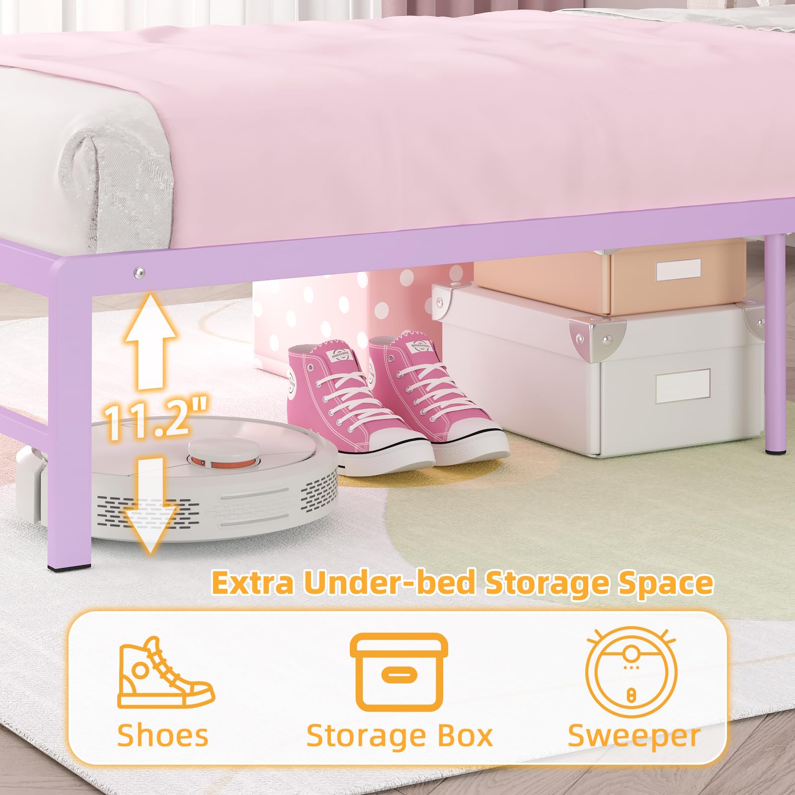 Twin Bed Frame with Charging Station & Storage Headboard - Purple