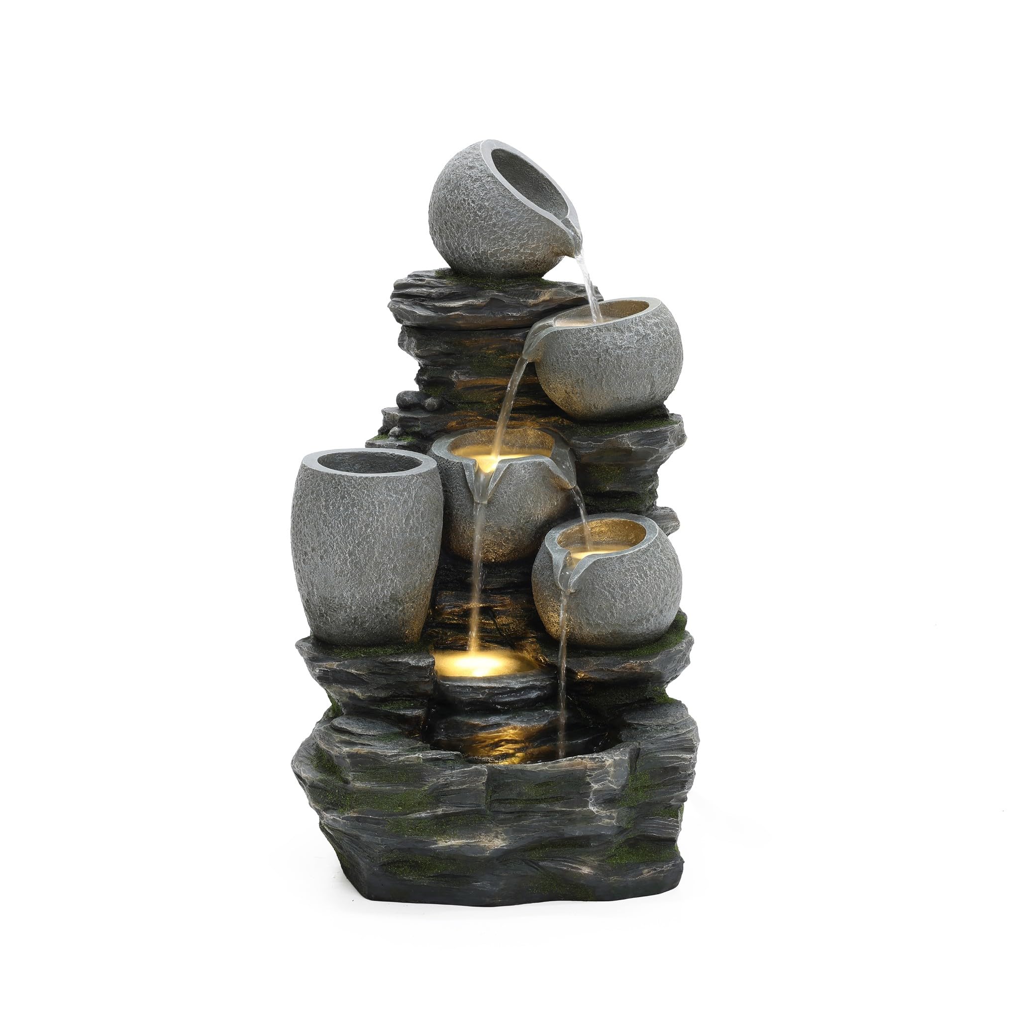 30 Inch Tall Outdoor Water Fountain, 4 Tiers Cascading Pots & Rock Cascading