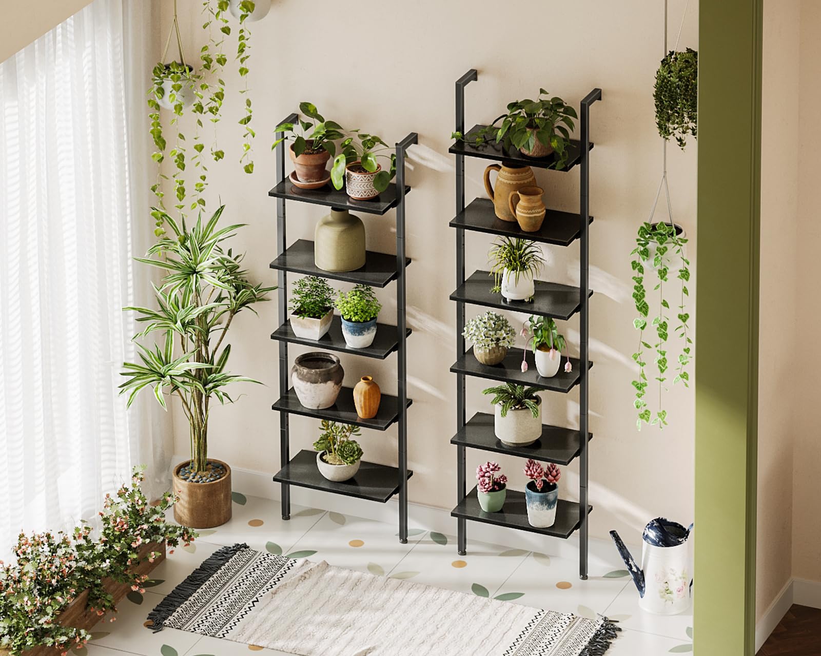 Ladder Shelf, 5 Tier Black Bookshelf, 72 Inch Wall Mounted Book Shelf