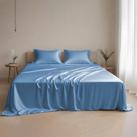 Eucalyptus Silk Tencel Sheets Set Queen Size 4Pc - Blue Bedding Lyocell