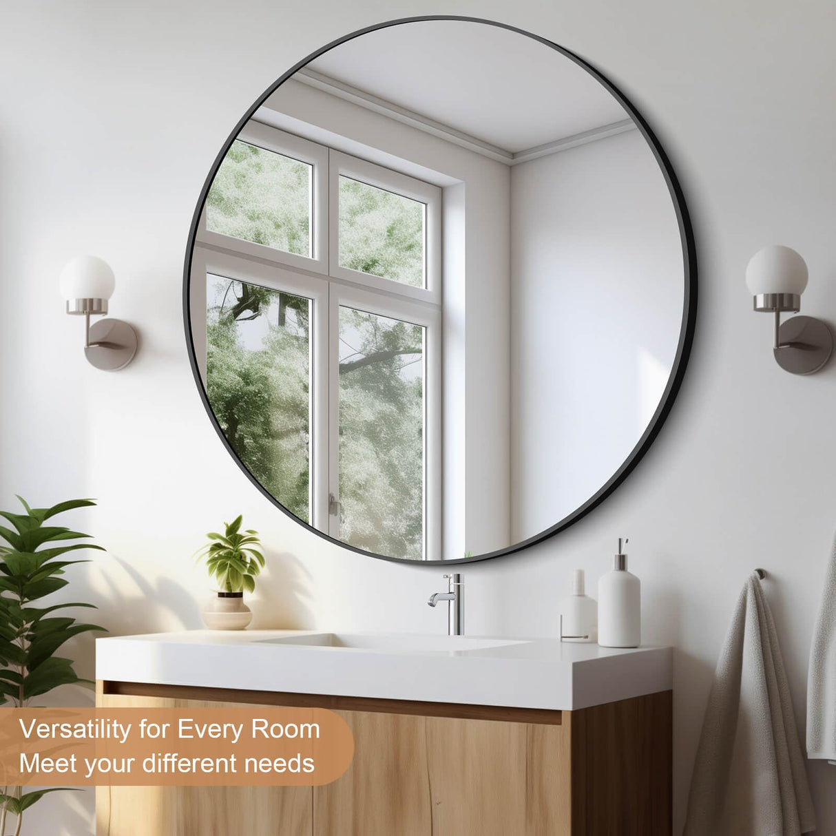 30 Inch Black Round Bathroom Mirror - Modern Metal Frame Wall Mirror