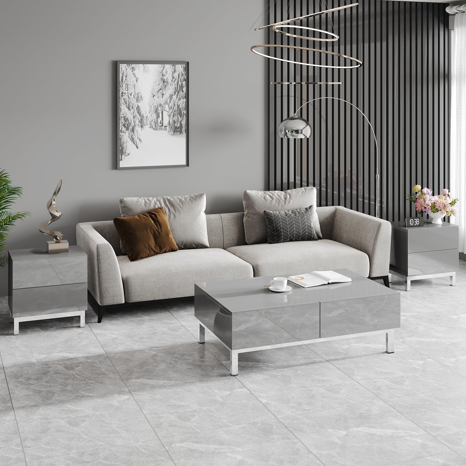 High Gloss Electroplated Coffee Table, 40" Wide Modern Minimalist Center Table