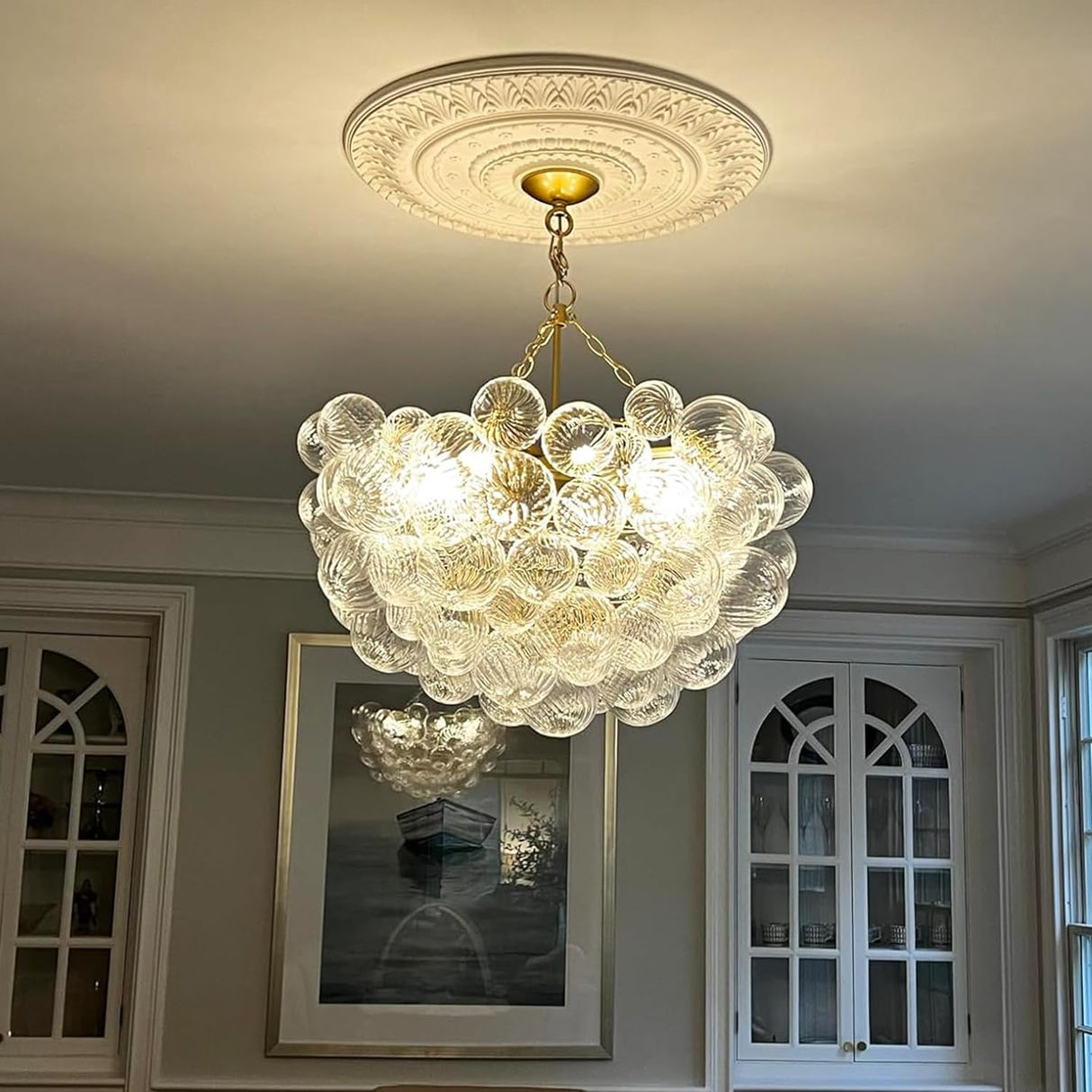 Nordic Bubble Ball Swirled Glass Chandelier, Dia 32" Gild Gold and Clear Modern Hand